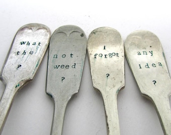 MADE TO ORDER Mystery Plant Labels, Upcycled Cutlery, Funny Gardeners Gift, Hand Stamped Plant Markers, Handstamped Reclaimed Forks