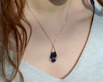 Pressed pensy necklace 925 Sterling Silver Real pensy Resin pendant Nature Gift idea Violet flower Gift for her Yellow pensy Botanical gift