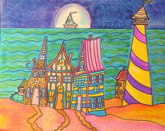 Seaside Village Lighthouse, Hippie Art Original