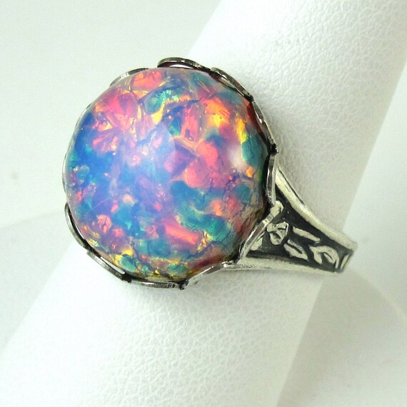 Vintage Iridescent Fire Opal Adjustable Cocktail Ring with