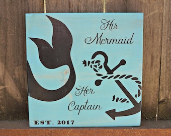 His Mermaid Her Captain | Wood Signs | Couple Sign | Mermaid & Captain | Established Sign | Coastal Decor | Beach Decor | Nautical Decor