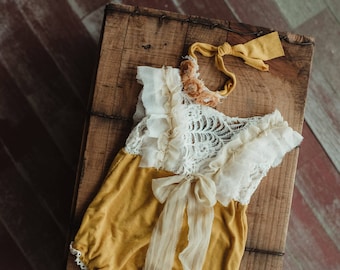 Mustard and lace romper set. Sitter.