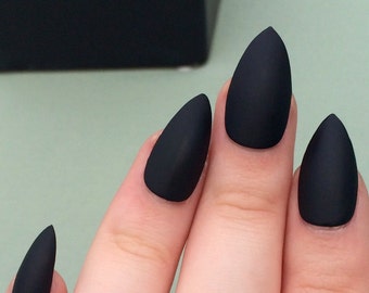 Matte black nails, stiletto nails, coffin nails, fake nails,