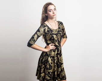 Birds of Prey Long Sleeve Twirling Dress in Gold on Black