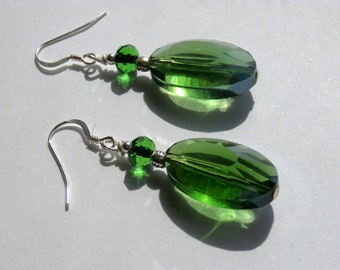 Faceted Green Glass Jewel Earrings With Sterling Silver