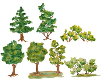 Watercolor tree clipart, Trees clipart, Wood clipart, Watercolor wood clipart, Tree illustration, Watercolor clip art, Green tree clipart
