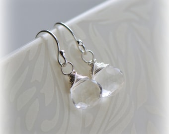 Quartz Earrings in Sterling Silver, Tiny Clear Quartz Dangle Earrings, April Birthstone Jewelry, Gift For Her, Crystal Earrings ~ Blissaria
