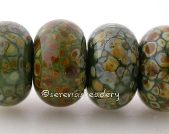 Lampwork Glass Bead Set COMMANDO GREEN RAKU - taneres frit brown - 11 or 13 mm