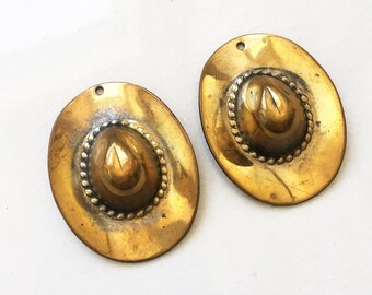 vintage large tarnished corroded distressed gold tone metal cowboy hat earring findings charms--matching lot of 2