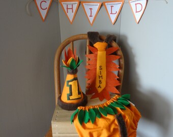 First Birthday Cake Smash Outfit Jungle and Lion Themed Orange Brown Green Leaf Neck Tie Birthday Hat Diaper Cover for Baby Boy
