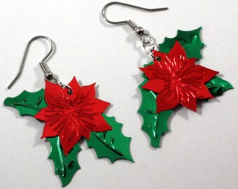Christmas Earrings Poinsettia Earrings Red & Green Holiday Dangles Plastic Sequin Jewelry