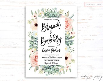 Floral succulent Brunch & Bubbly Bridal Shower Invitation, rustic bridal shower, boho bridal shower invitation, blush succulent anemone