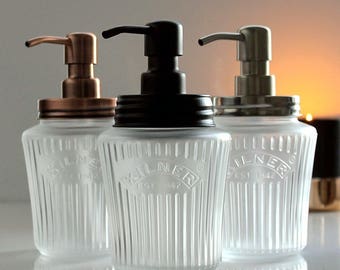 Frosted Glass Vintage Kilner Mason Jar Soap Dispenser with Copper, Black or Stainless Steel Pump