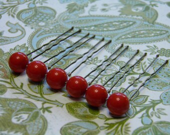 6 Coral Red 10mm Swarovski Crystal Pearl Hair Pins