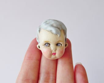 Vintage Doll Pin - Blue Haired Boy Doll Face Brooch Teddy