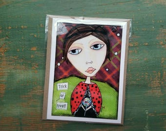 SALE! Halloween Card, Halloween Art, Greeting Card, Note card Sale card Clearance Card, Whimsical Halloween, Whimsical Girl, Ladybug Girl
