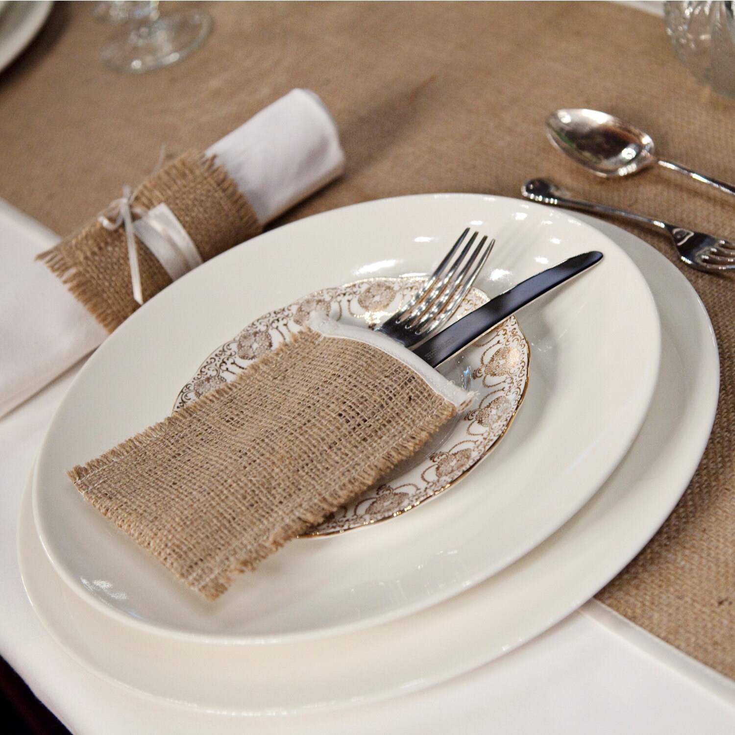 Burlap cutlery holders linen with ivory satin trim