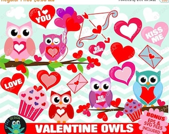 75% OFF SALE Valentines Owls Clipart, Valentine Clipart, Valentine Heart Clipart - UZ870