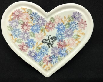 Ceramic Tea Bag Dish - Tea Bag Holder - Heart Shaped - Hand Stamped Underglaze Design - Ready to Ship