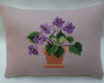 African Violet Cross Stitch Mini Pillow, Houseplant Mini Pillow, Shelf Pillow