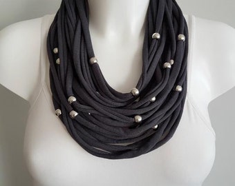 Cotton necklace, fabric necklace, multi strand necklace, grey necklace, upcycled necklace
