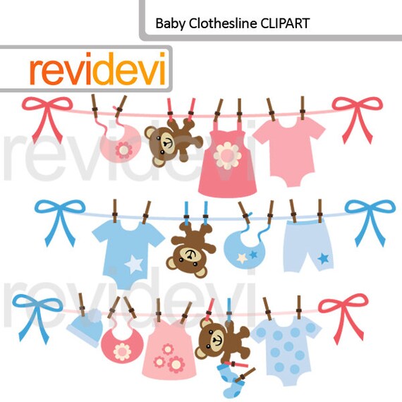Baby clothesline clipart blue pink / hanging baby clothes