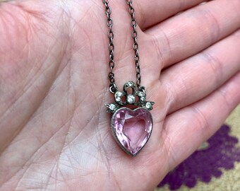 REDUCED - Antique Edwardian silver and paste bowed pink heart necklace, Love Token, OOAK, Jewelry, Jewellery, Heirloom, Keepsake, Boho