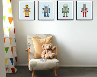 Robot prints, Set of four prints, Robot nursery art, Kids print set, Retro robot art, Art for boys room, Kid decor, Vintage nursery prints
