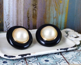 1960-70's Vintage Clip On Black Bakelite, Faux Pearl, & Gold Earrings
