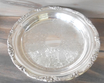 Silver Plate Large Platter,Round Footed serving tray, Decorative trim ,Ornate etching,/12" across/