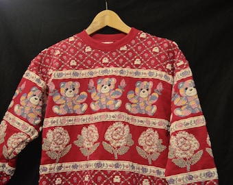 80's Puff Paint,Teddy Bears,Roses,Bears,Fuchsia,Pink,Bears,Retro Crew neck,Puffy Paint,SPUMONI,Sweatshirt,Size Small,Rose Bud,Bears,Size 7-8