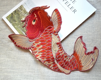 Big Red carp Embroidery patch ,Large Red Koi Fish sew on embroidered patch