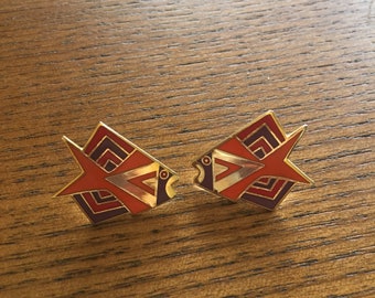 Vintage Rare Color~Signed Laurel Burch 1" "Siamese Fish" Post/Pierced Earrings in red/Orange/Purple Enamel Cloisonne and Gold Plate