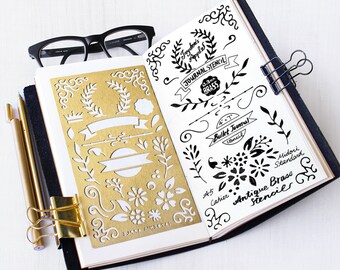 Planner Stencil, Bullet Journal Stencil, Wreath and Flowers Stencil - fits A5 journal & Midori Regular (Wreath L)