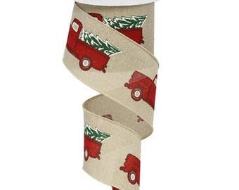 Christmas Ribbon, Vintage Red Truck Ribbon, Bow Ribbon, Wired Ribbon, Linen Ribbon, Wreath Ribbon, Gift Ribbon, Natural Red Burgundy Emerald