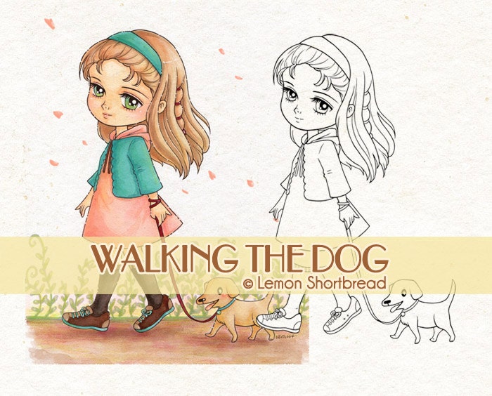 Digital Stamp Girl Walking Dog Puppy Digi Download Coloring