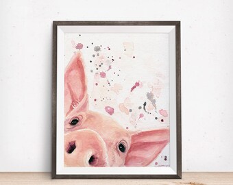 Pig Art - Farm Animal Art - Farmhouse Decor - Vegan Art - Farmhouse Kitchen Decor- Pink Pig - Pig Lover gift - Animal Wall Art - Vegan Gift
