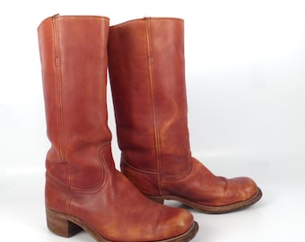Frye Campus Boots Vintage 1980s Russet Carmel Whiskey Brown Square Toe Cowboy Leather Men's 9