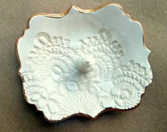 Ceramic OFF WHITE lace ring holder 3 3/4 inches long