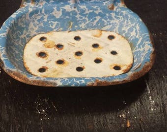 Blue and white antique enamel soap dish