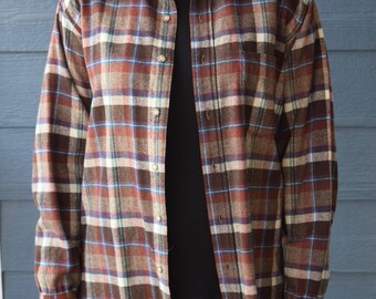 Vintage Brown Plaid Wool Pendleton Flannel, 100% Wool Pendleton Button Up Shirt