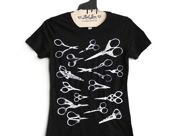 SALE Fitted Medium- Black Crew Neck Neck Slub Tee with Scissors Screen Print