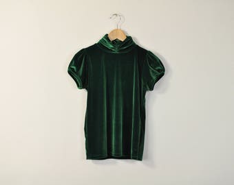 90s Velvet Turtleneck, Vintage 90s Velvet Blouse, 90s Minimal Blouse, Short Sleeve Shirt, Puff Sleeve Blouse, Green Velvet Top
