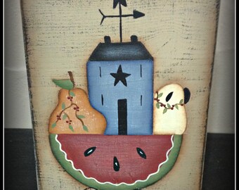 Primitive Wood Block Shelf Sitter Watermelon Pear Sheep Saltbox House Home Decor Decoration