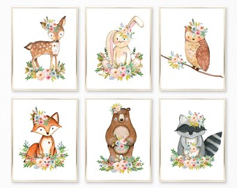 Set of 6 Woodland Nursery Prints. Nursery Decor. Girl Woodland Nursery Woodland Nursery Decor Girl. Watercolor Animal Prints. Nursery Art.