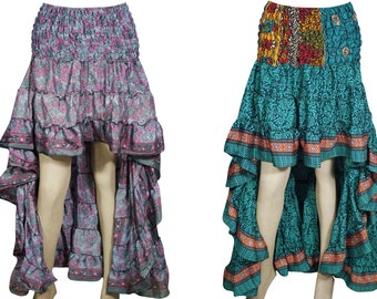 Summer Groove 2pc Hi Low Skirt Recycled Vintage Sari Gypsy Fashion Long Ruffle Flirty Flare Summer Skirts S/M