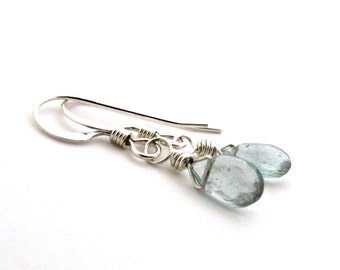 Petite moss aquamarine earrings, March birthstone, small pale blue gemstone, sterling silver wire wrapped earrings, moss aquamarine jewelry