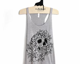XL Tri-Blend Light Gray Racerback Tank with Sugar Skull Screen Print