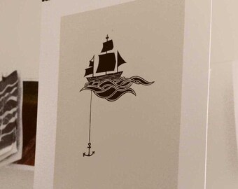 Anchored Ship Linocut Block Print