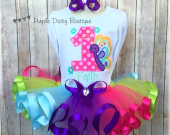 Butterfly Birthday Outfit - Spring Birthday Ribbon Trim Tutu Outfit - First Birthday Outfit - Rainbow Tutu Outfit